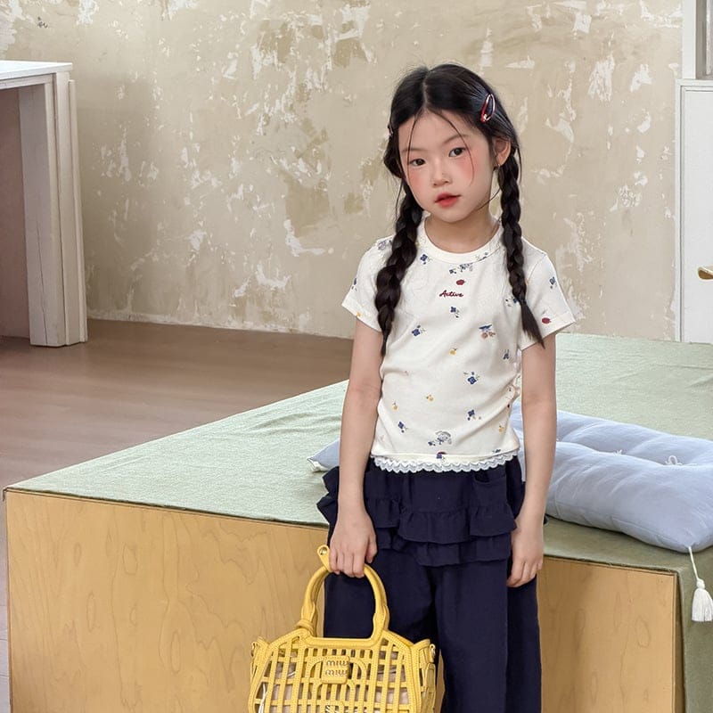 【KID】フラワープリント裾レース半袖Tシャツ