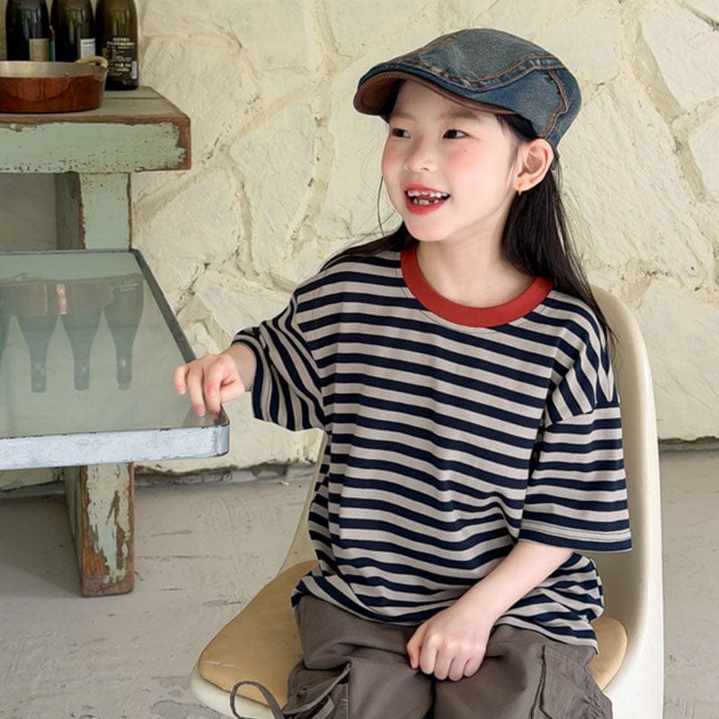 配色クルーネックストライプ半袖Tシャツ