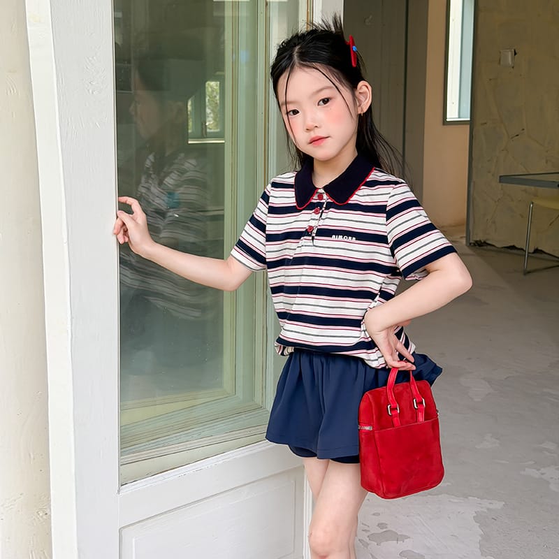 【KID】配色襟付きストライプ柄半袖ポロシャツ