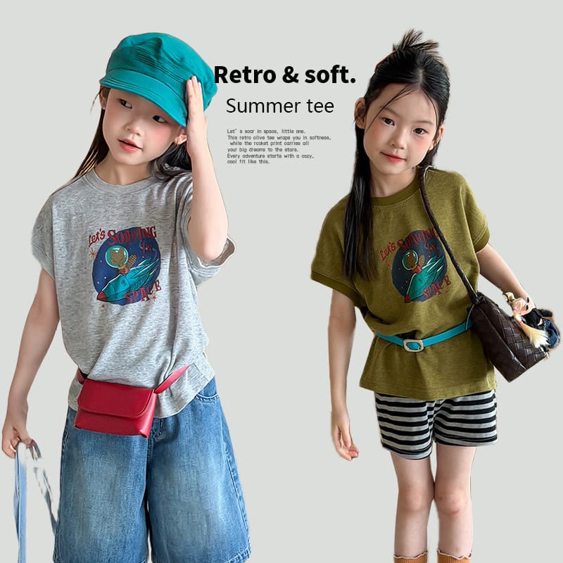 【KID】スペースロケットプリントレトロ半袖Tシャツ