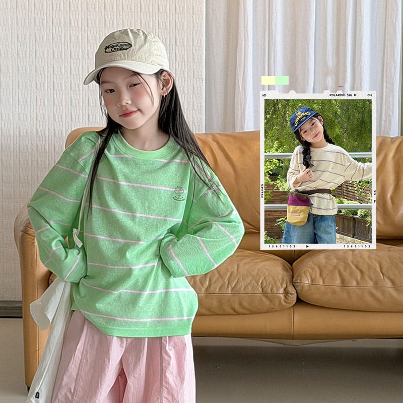 【KID】アイボリーグリーンストライプ長袖Tシャツ