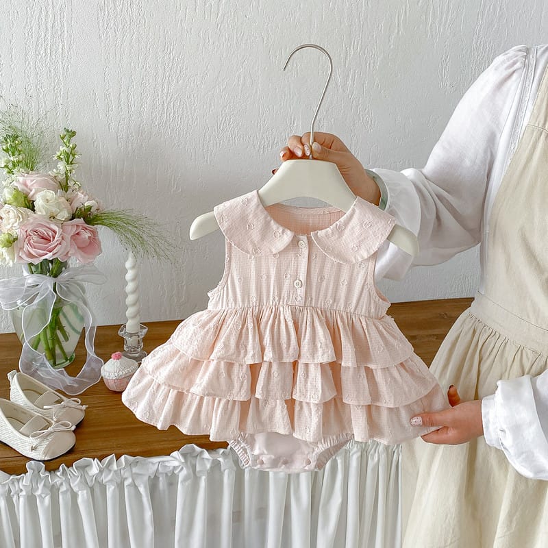【BABY】襟付きノースリーブフリルティアードワンピースロンパース