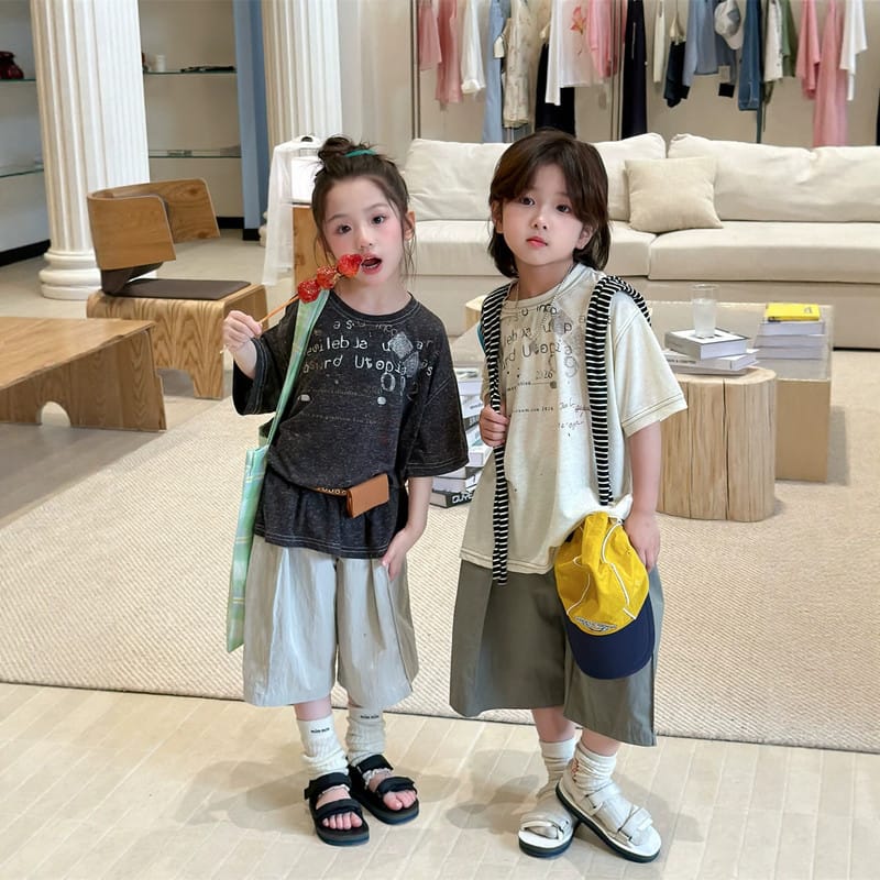 【KID】英字ロゴ配色ステッチ杢調半袖Tシャツ