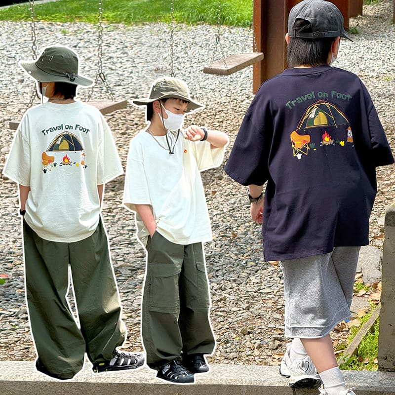 【KID】アウトドアキャンプバックプリント半袖Tシャツ