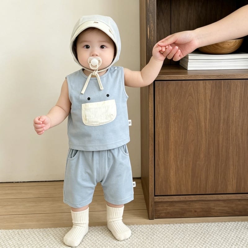 【セット】ブルーくまフェイスノースリーブセットアップ