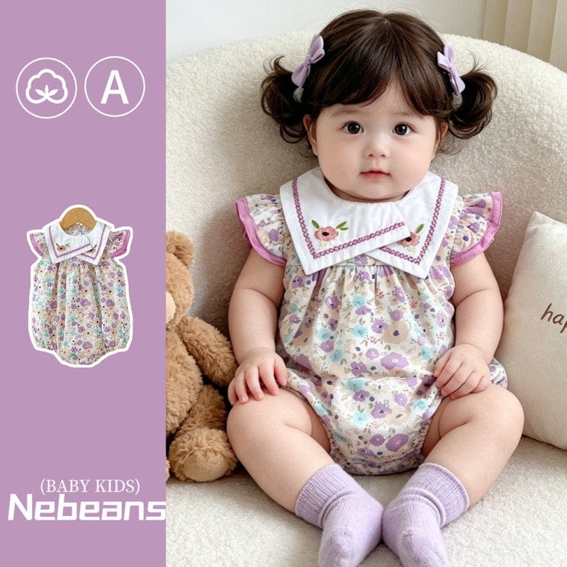 【BABY】刺繍襟フラワー小花柄フリル袖ロンパース