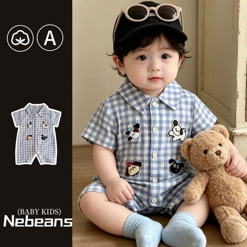 【BABY】ブルーチェックいぬモチーフ半袖ロンパース