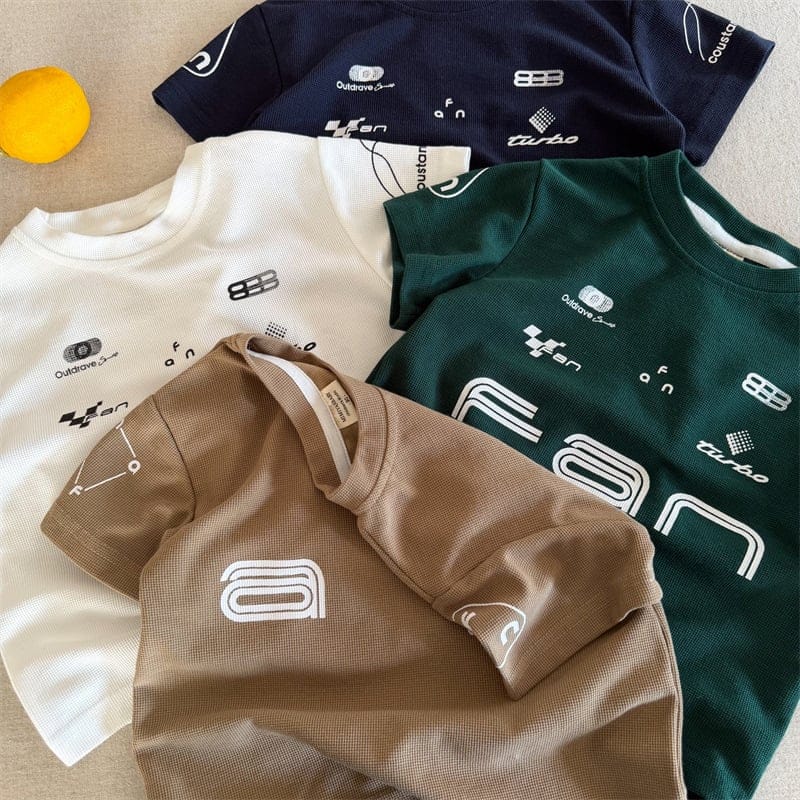 【KID】英字ロゴプリントワッフル半袖Tシャツ