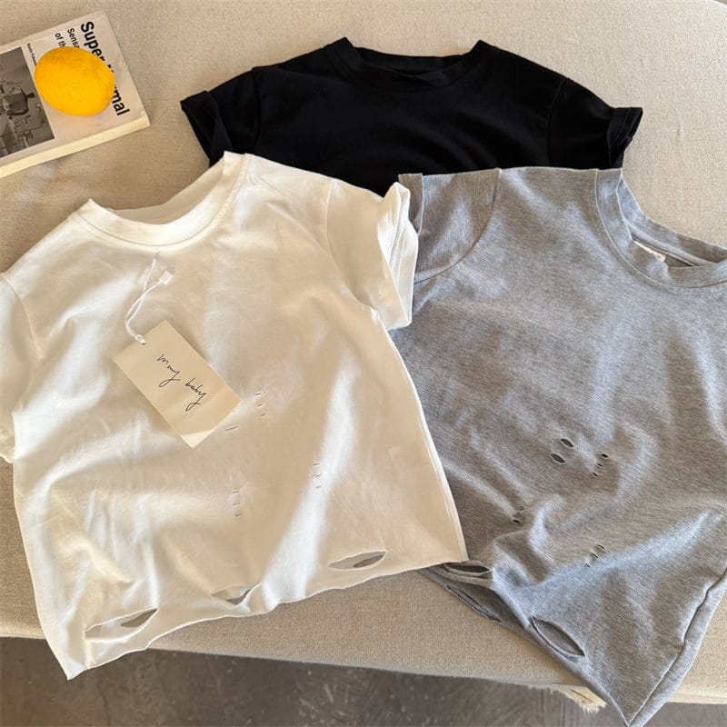 【KID】スクラッチダメージ加工無地半袖Tシャツ