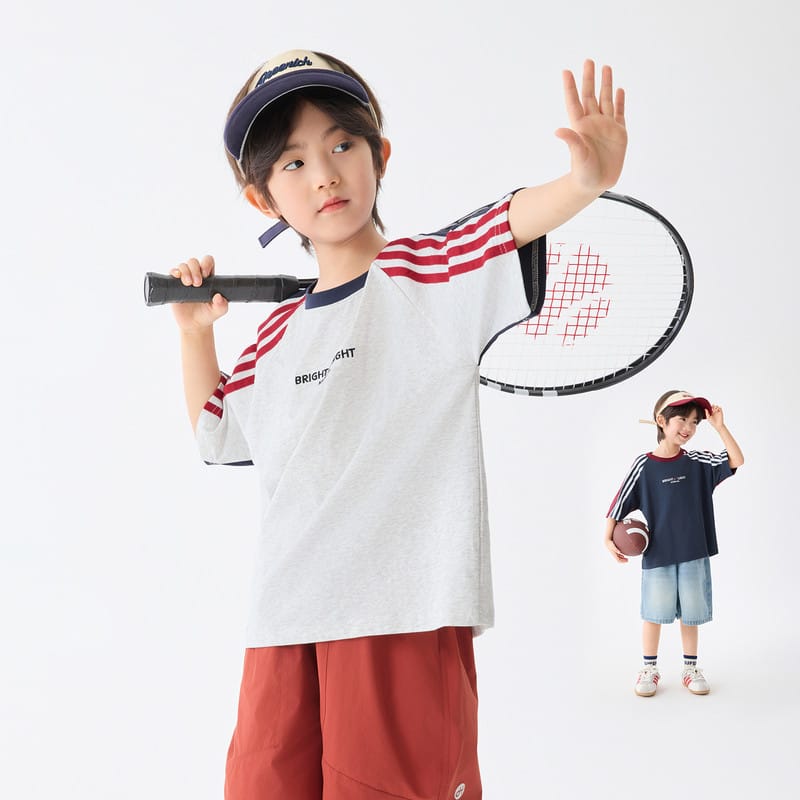 【KID】袖ストライプ配色ラグランロゴ半袖Tシャツ