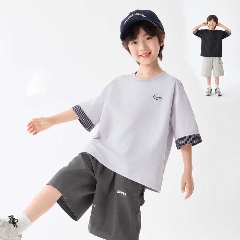 【KID】袖チェック切替レイヤード風半袖Tシャツ