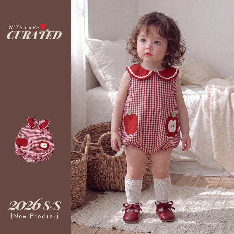 【BABY】レッドアップルチェックノースリーブロンパース