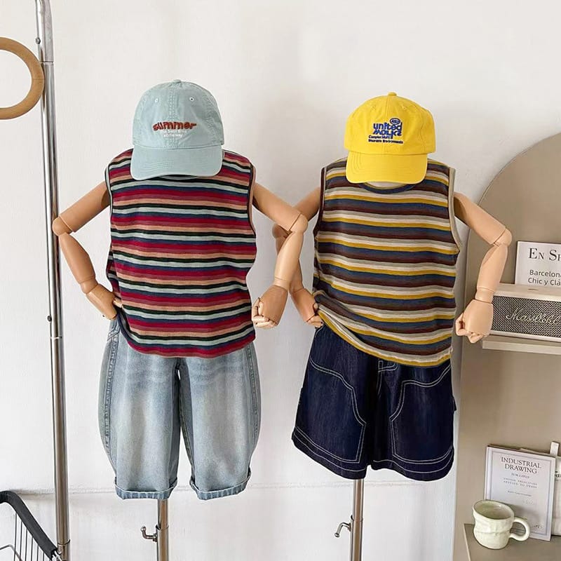 【KID】マルチカラーストライプノースリーブTシャツ