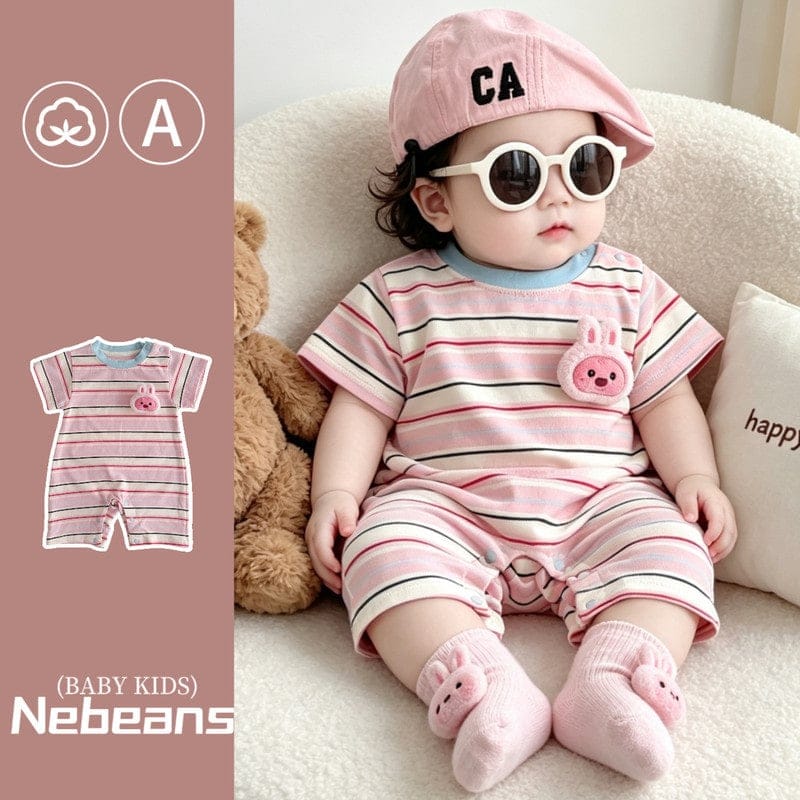 【BABY】うさぎモチーフストライプ半袖ロンパース