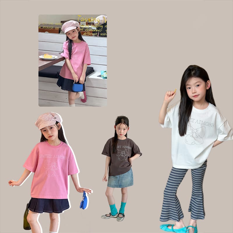 【KID】リボンチェリーイラストプリント半袖Tシャツ
