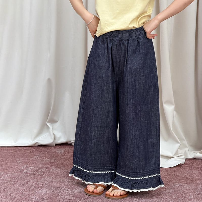 裾レースフリルワイドレッグデニムパンツ