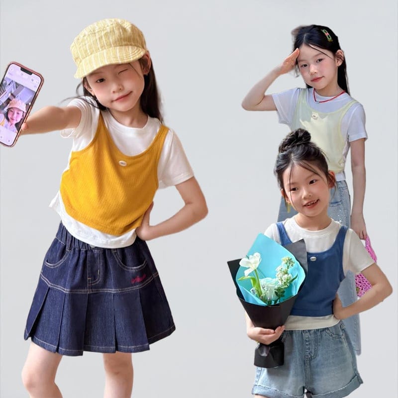 【KID】配色デザインフェイクレイヤード半袖Tシャツ