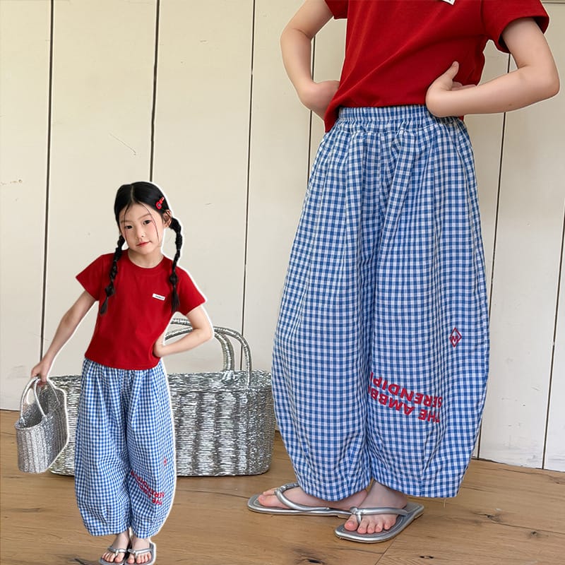 【KID】ロゴ入りブルーチェックワイドバルーンパンツ
