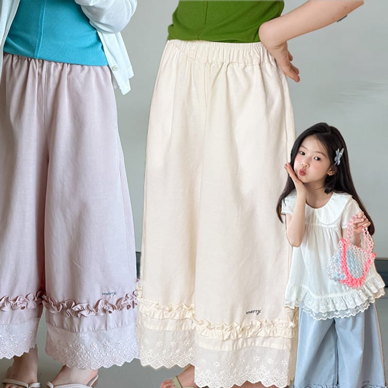 【KID】裾フリルレース刺繍ガーリーワイドパンツ