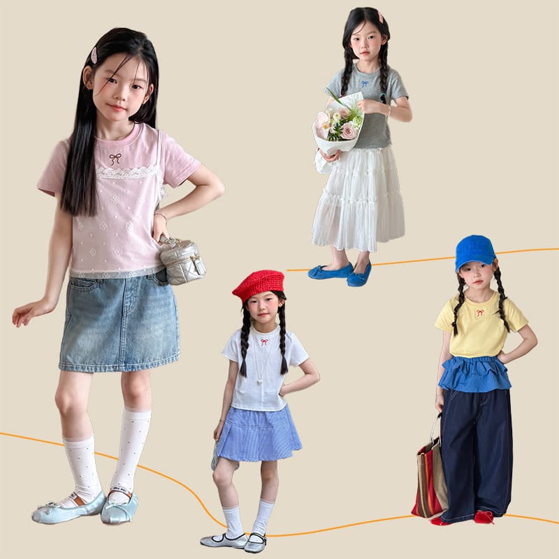 【KID】リボン刺繍ワンポイントクルーネック半袖Tシャツ