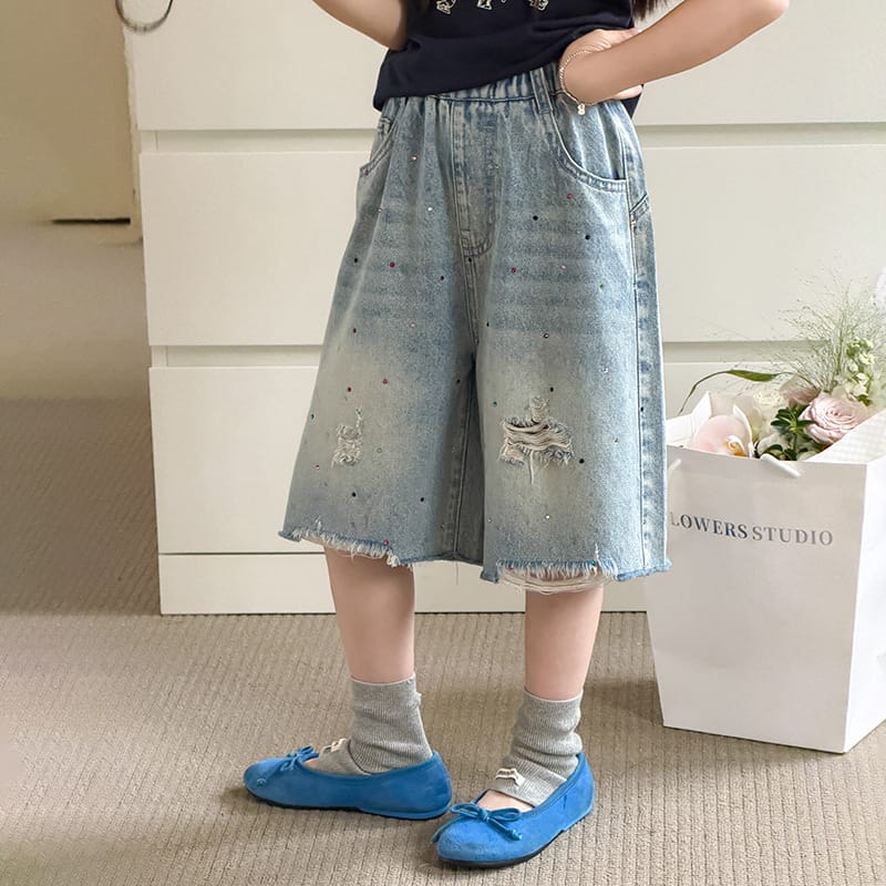 【KID】キラキラビジューダメージワイドデニムハーフパンツ