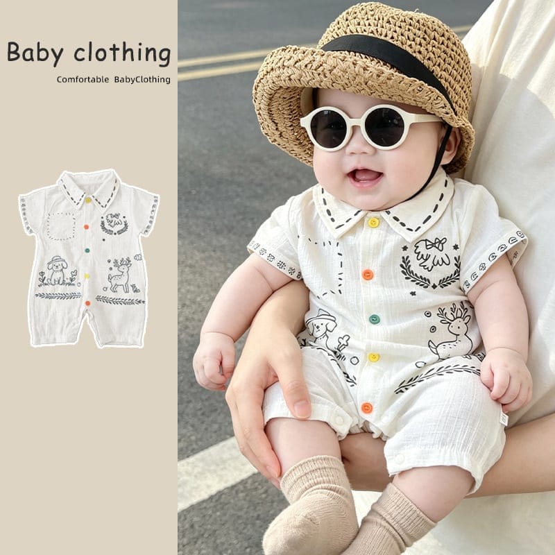 【BABY】アニマル刺繍マルチカラーボタン半袖ロンパース