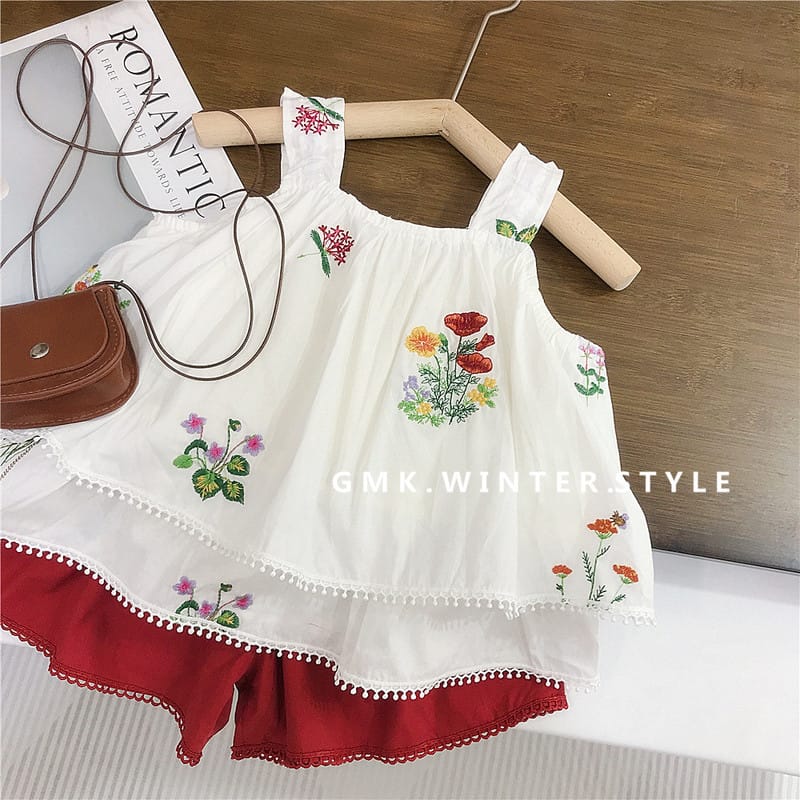 【セット】フラワー刺繍ノースリーブブラウスハーフパンツセットアップ