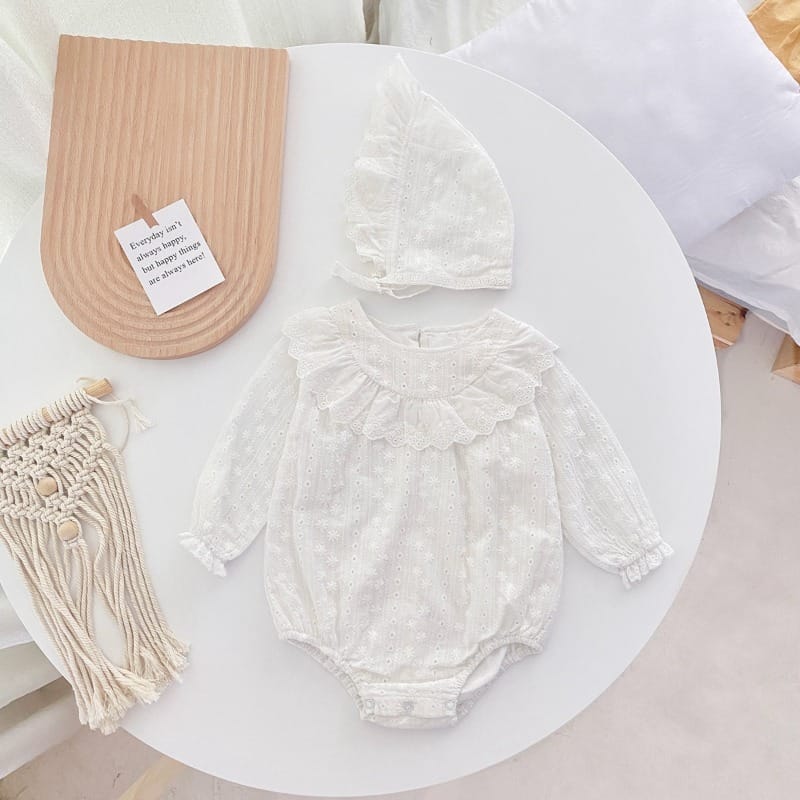 【BABY】ピュアフラワーレースフリル長袖ロンパース