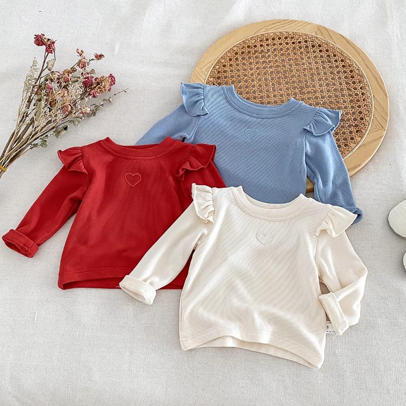 ハート刺繍肩フリル長袖Tシャツ