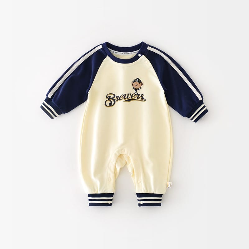 【BABY】くまワッペン配色カレッジ風長袖ロンパース