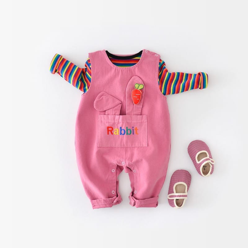 【BABY】レインボーうさぎ耳付きサロペットロンパース