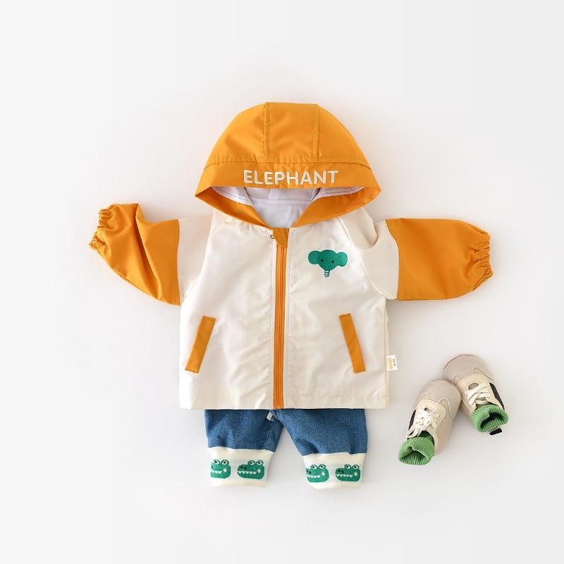 【BABY】グリーンエレファントワッペンフード付きジップアップ