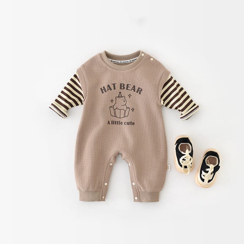 【BABY】くまプリントストライプ重ね着風ロンパース