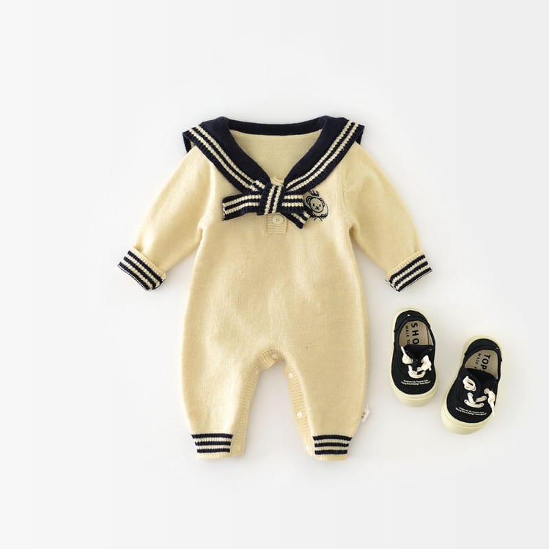 【BABY】くま刺繍セーラーカラーニットロンパース