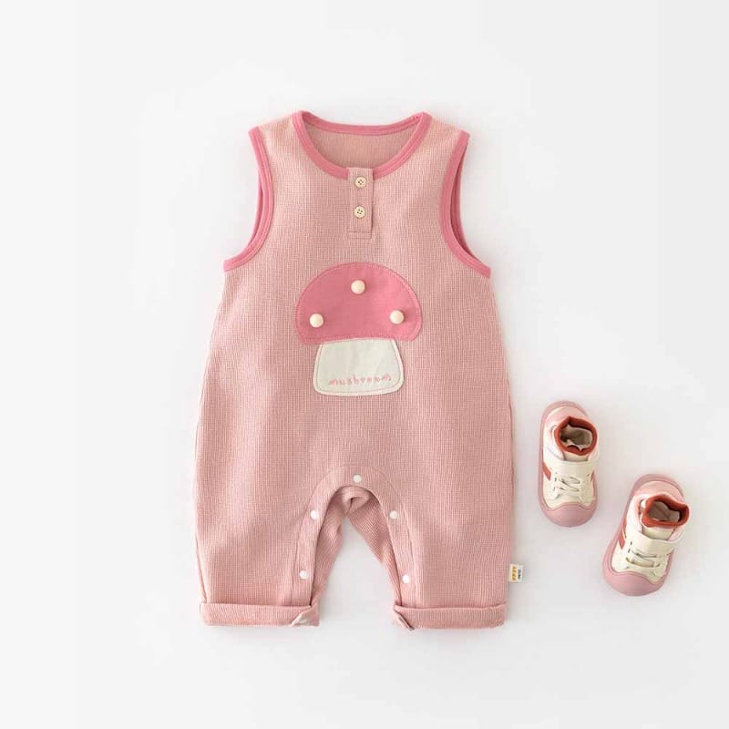 【BABY】ピンクファーきのこノースリーブロンパース