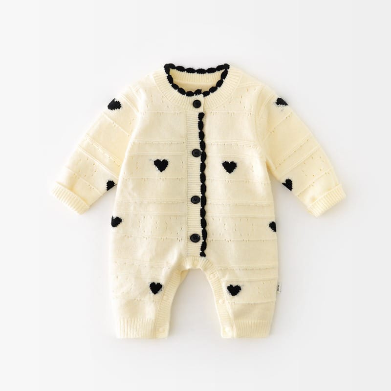 【BABY】ブラックハート総柄前開き長袖ニットロンパース