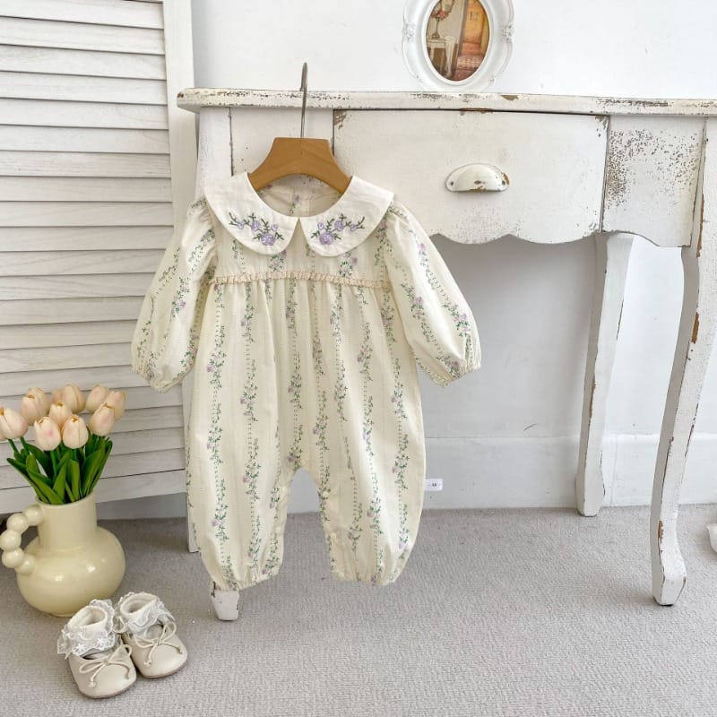 【BABY】パープルフラワー刺繍丸襟長袖ロンパース