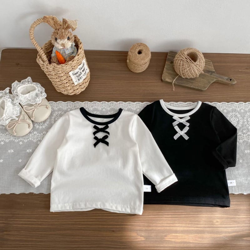 ダブルリボン配色クルーネック長袖Tシャツ