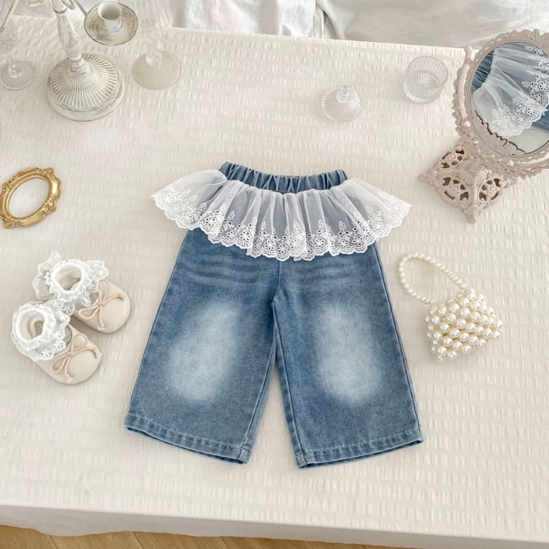 ウエストフリルレースデニムワイドパンツ