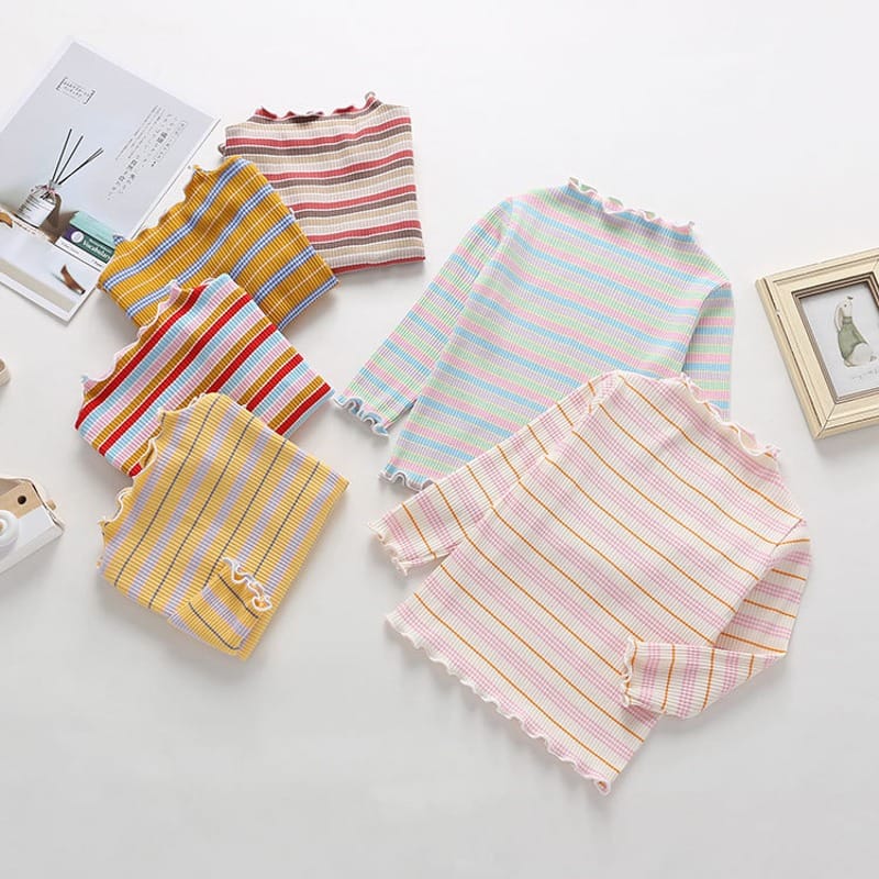 【BABY】スイートストライプメロウフリルハイネック長袖Tシャツ