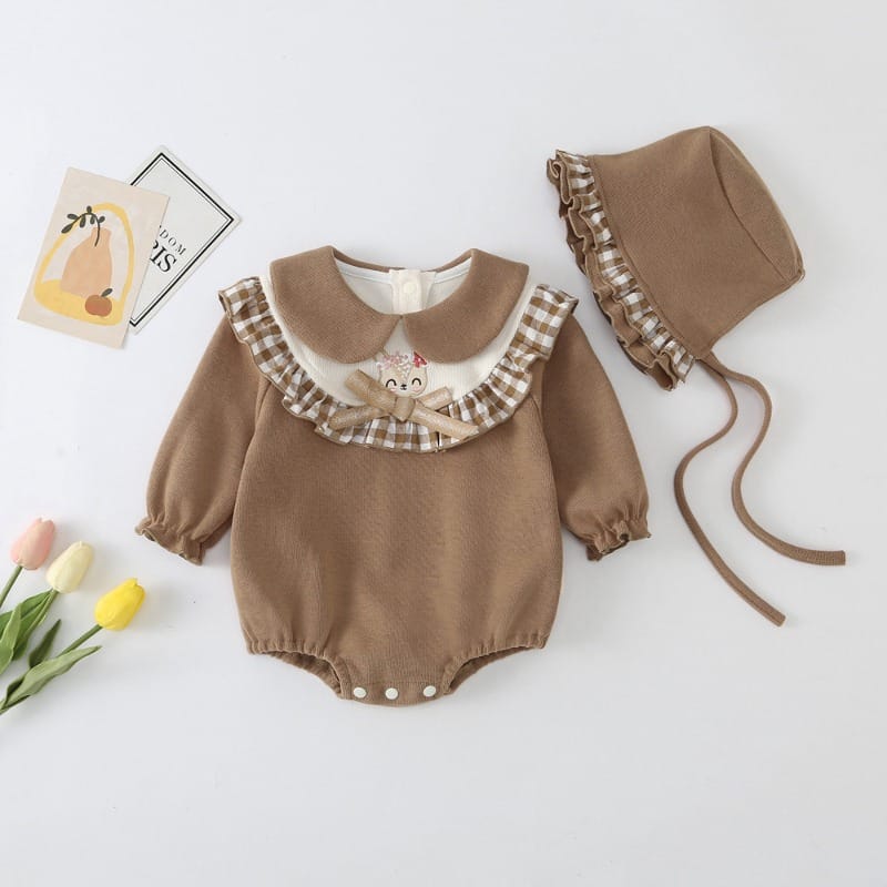 小鹿刺繍レースフリル襟ロンパース帽子セット