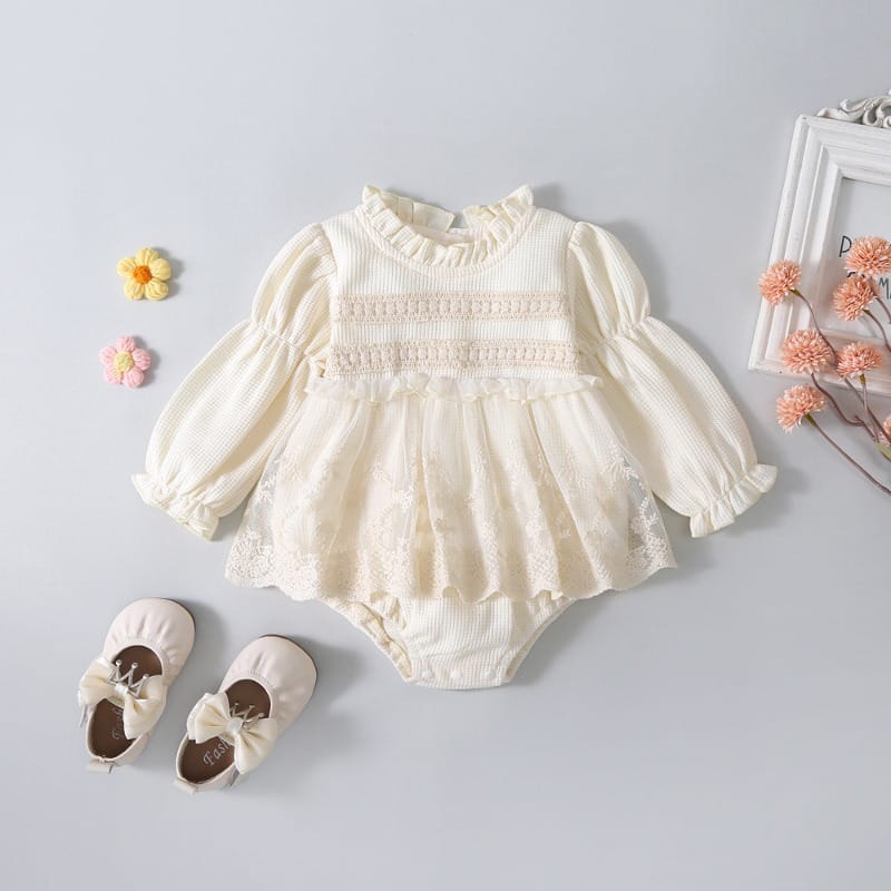【BABY】レースフリル長袖ワンピース風ロンパース