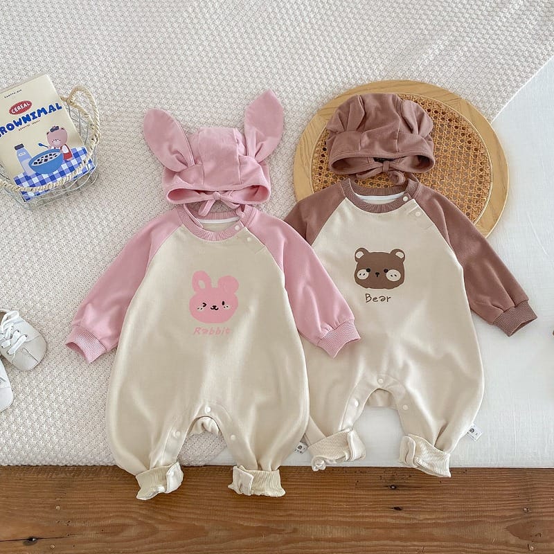 【セット】しっぽ付くもうさぎラグランロンパース帽子セット