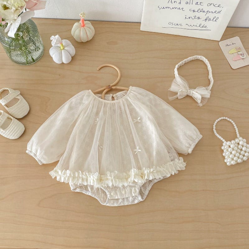 【BABY】チュールフラワー長袖ドレスロンパース