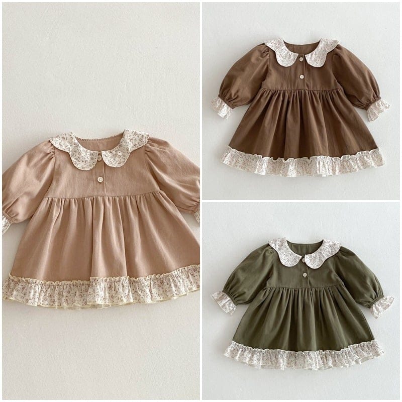 ローズ小花柄フリル襟フレアワンピース