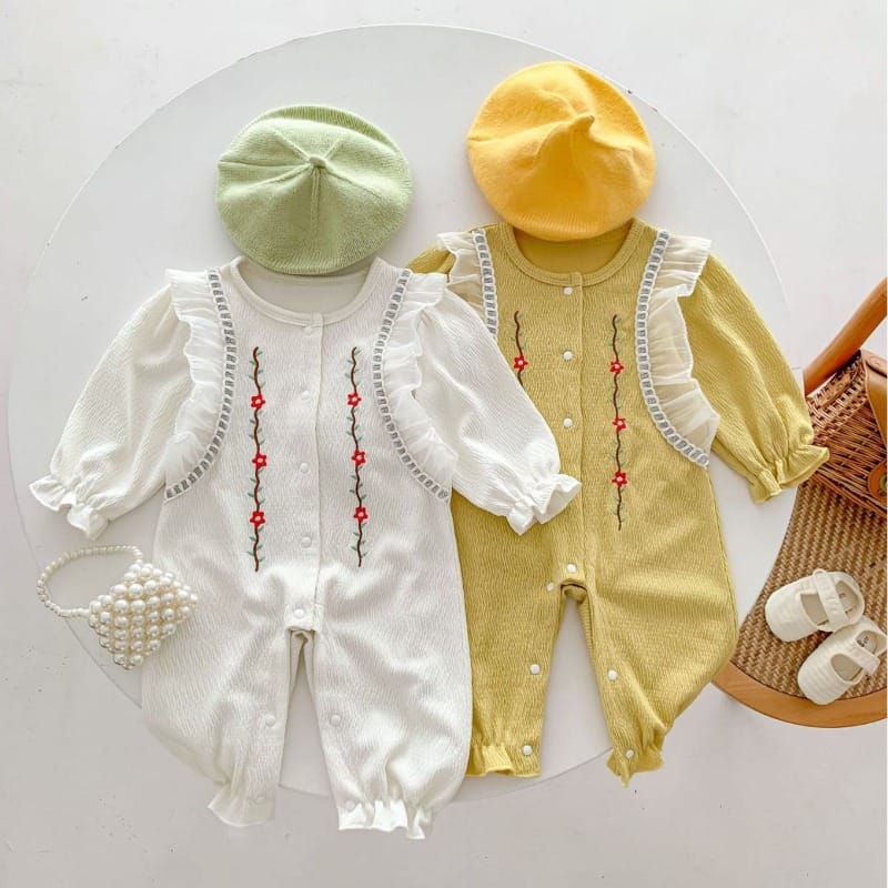【BABY】縦ラインフラワーフリル長袖ロンパース