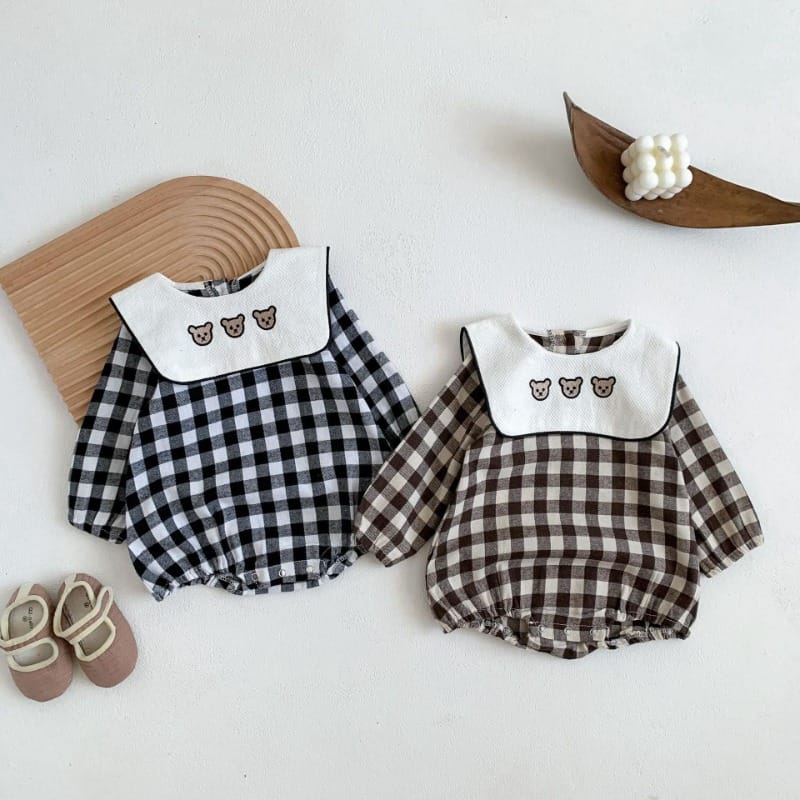 くま刺繍ビッグカラーチェック長袖ロンパース