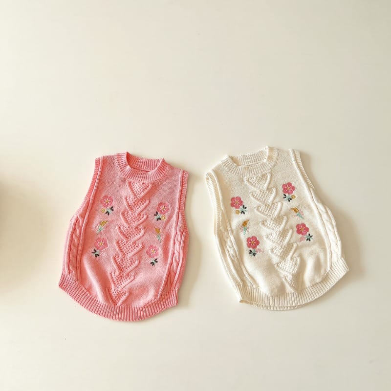 フラワー刺繍丸襟ベビーニットベスト