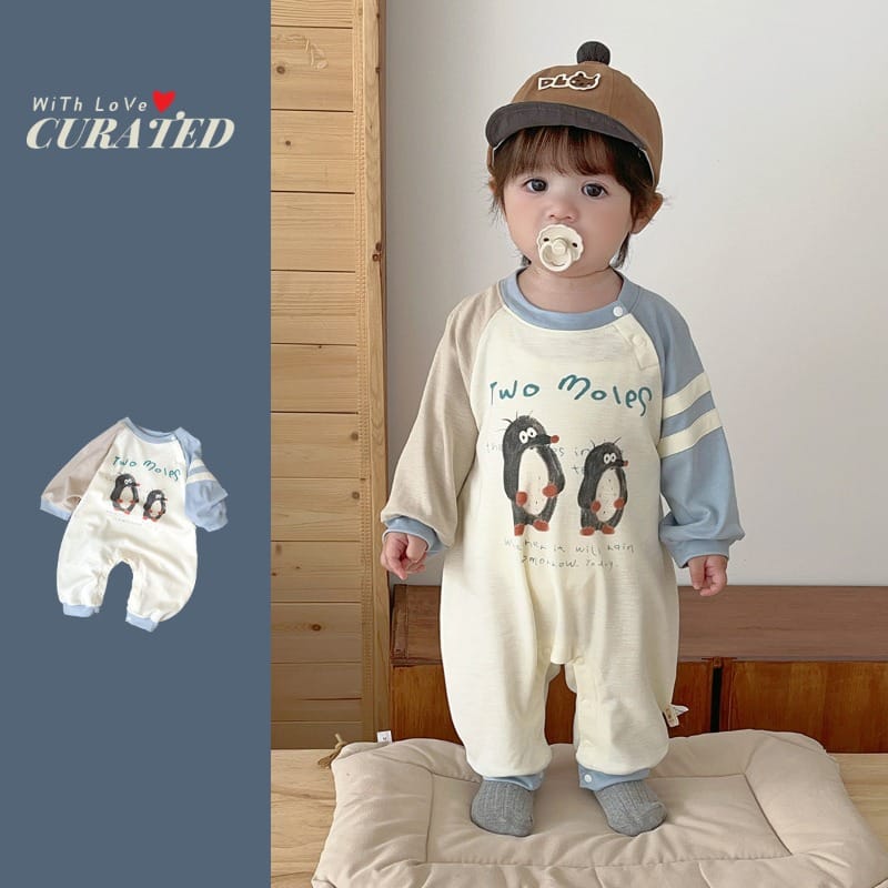 【BABY】モグラプリント配色ラグラン長袖ロンパース