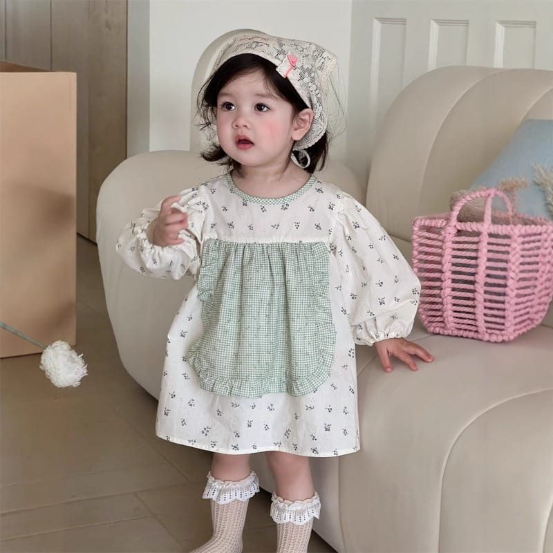 【BABY】チェック切替フラワーボボ長袖ワンピース